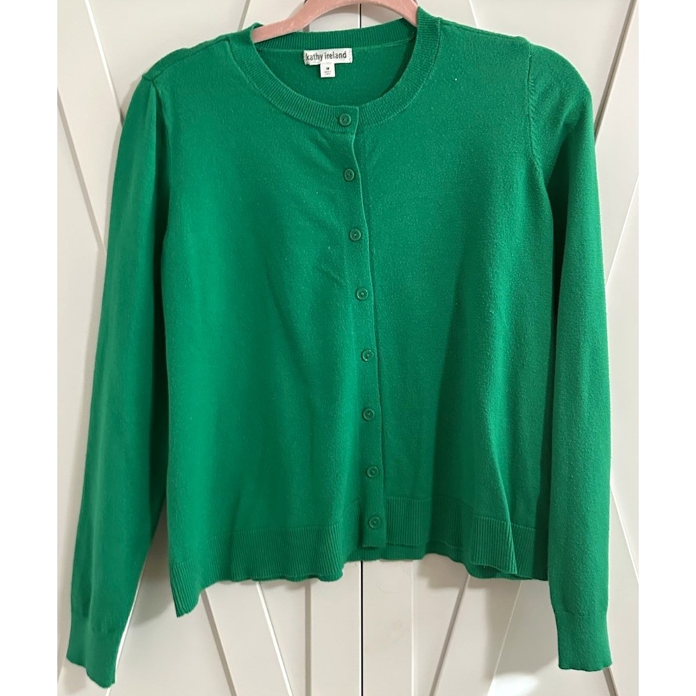Kathy Ireland Women's Green Knit Button-Front Cardigan Sweater Crew Neck M